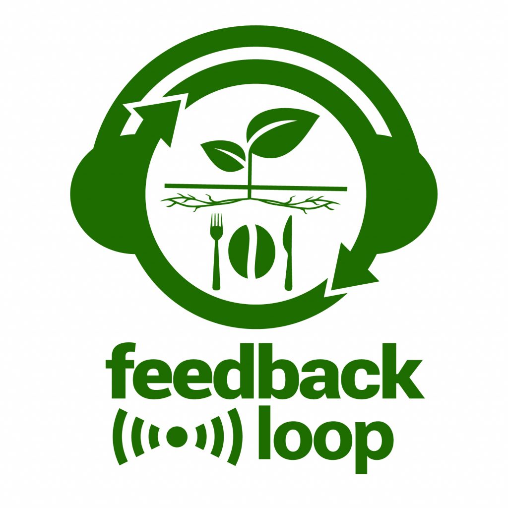 Green circle with headphones on the side and seedling and cutlery inside the circle. Text says 'feedback loop'. White background